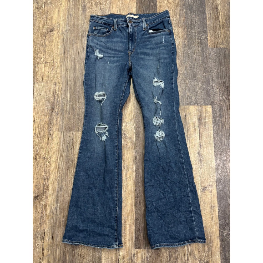Levis 726 Flare Jeans Womens 31 Medium Wash Distressed Ripped High Rise Denim